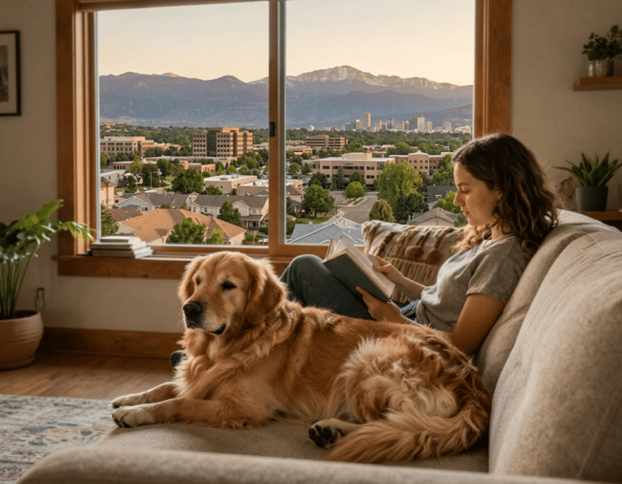 Woman on a couch with an Emotional Support Dog